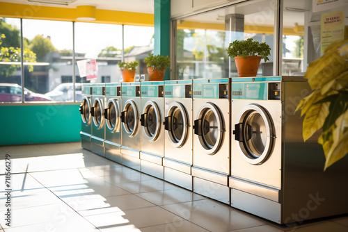 Row of Washing Machines in a Bright Laundromat with Plants and Basket. Urban Daily Life and Chores Concept