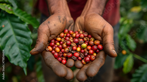 Agricultural hands showing harvested coffee berries, generative ai © Saleem