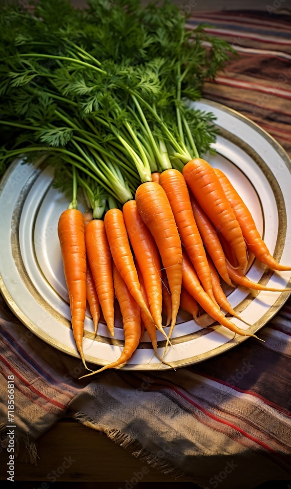 Carrots on a plate isolated on background. Top view.