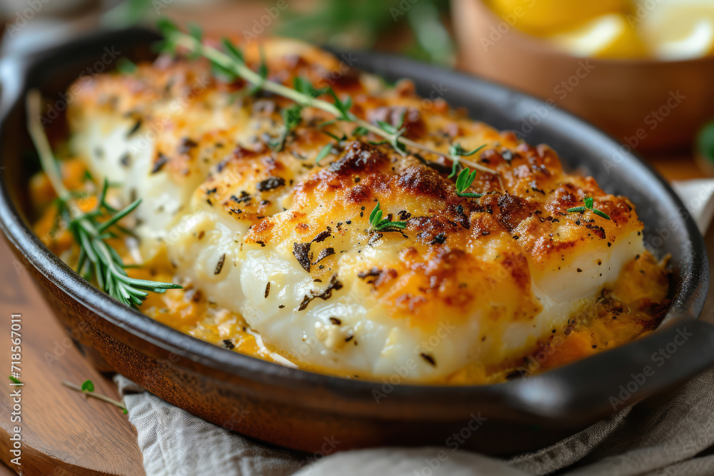 Baked fish with vegetables and cream sauce under cheese sauce in iron plate Baked fish with vegetables and cream sauce under cheese sauce in iron plate