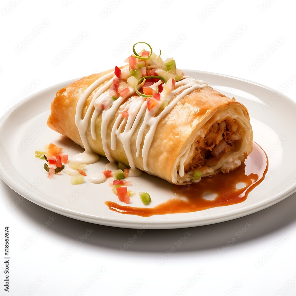 Chimichanga on plate on white background. Fresh Chimichanga.