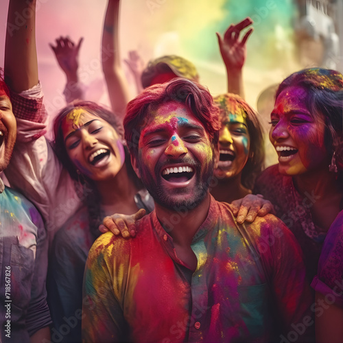 Group Of Happy Young People in Holi Celebration Moment