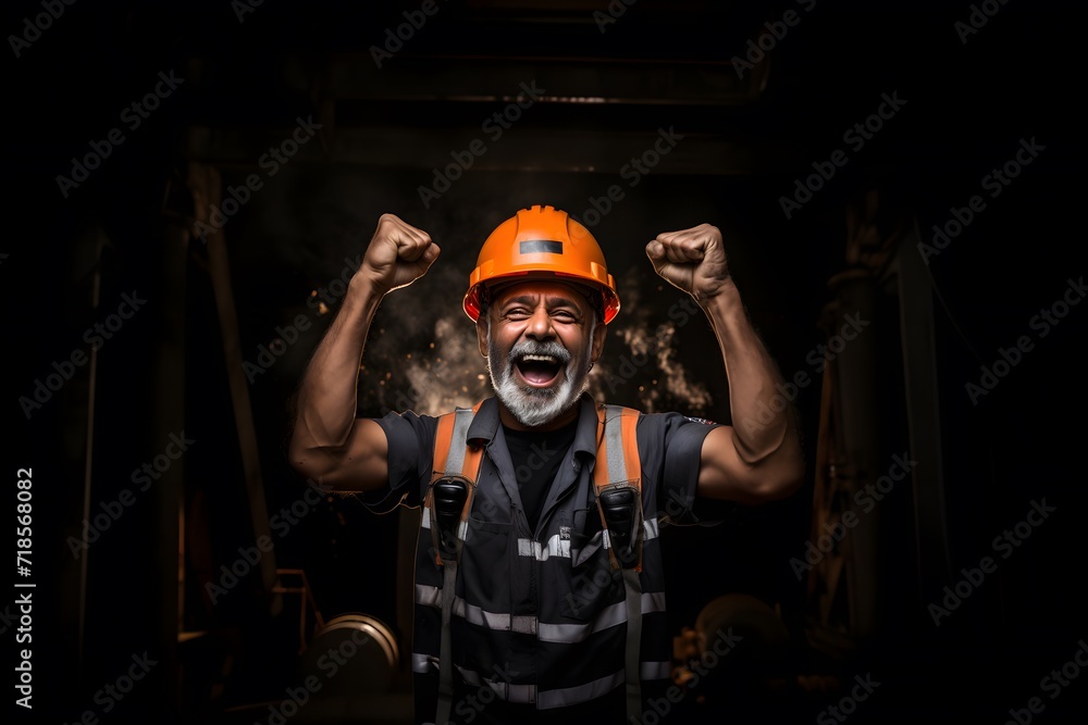 Fototapeta premium Old man wearing helmet construction employee celebrating the success