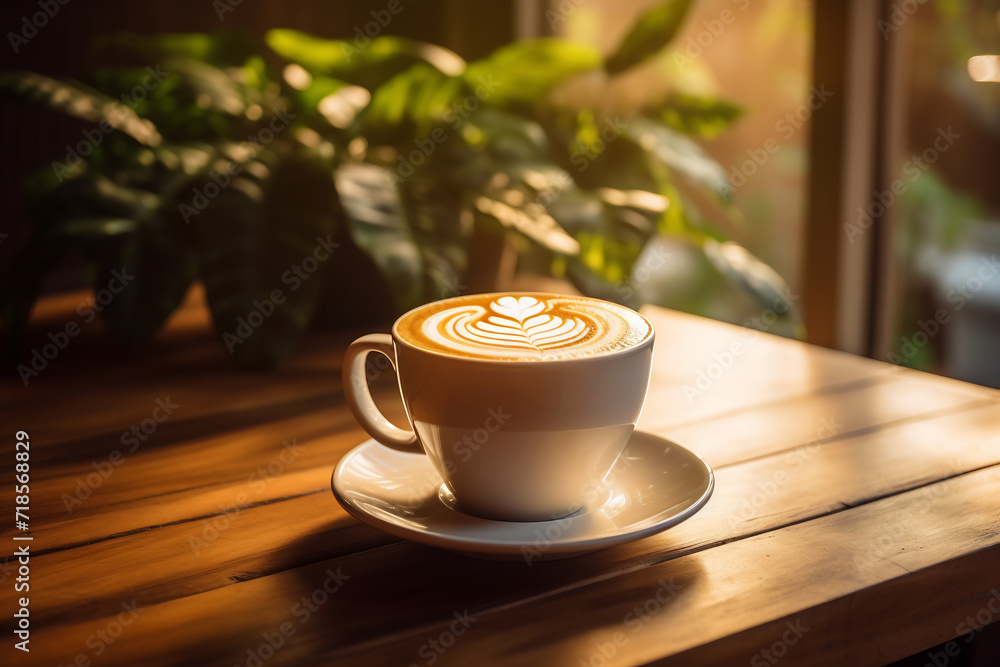 Artistic Latte Coffee with Heart-Shaped Foam on Wooden Table in Warm Sunlight. Cozy Cafe Atmosphere Concept