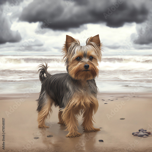 Yorkie Dog on the Beach in Stormy Weather. Alert and Brave  Little Pet. © Marina