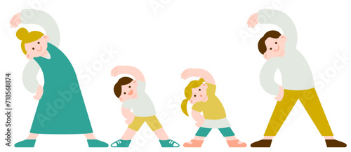 準備体操をする四人家族のイラスト