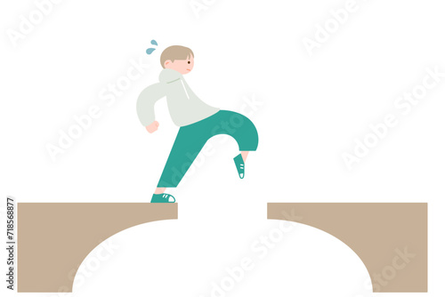 慎重に橋を渡る男性のイラスト