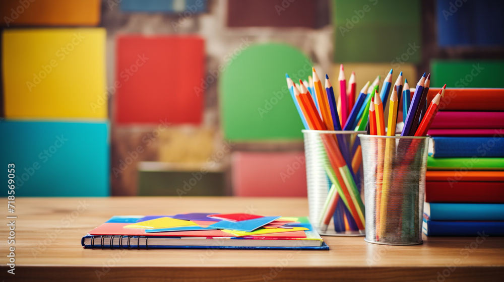 Table with notebooks, multicolor pencils. Table with notebooks, multicolor pencils.