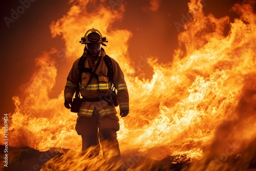 A firefighter in full gear bravely battling a raging inferno, with billowing smoke and intense flames illuminating the scene.