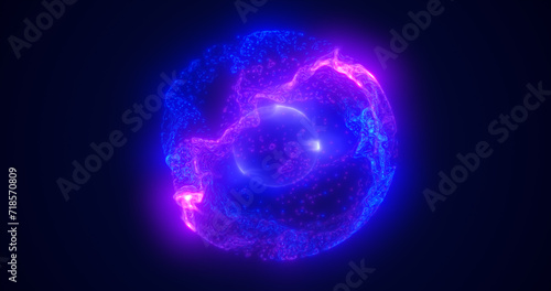 Energy purple blue magic sphere, futuristic round high-tech ball bright glowing atom made of electricity, background