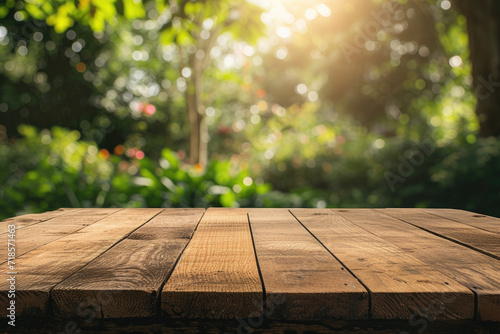  A wooden table with no objects on it and a blurred outdoor garden background. The wooden table provides space for text and can be used for marketing promotions