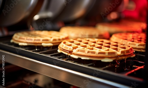 Pouring syrup on belgian waffles in oven, closeup photo