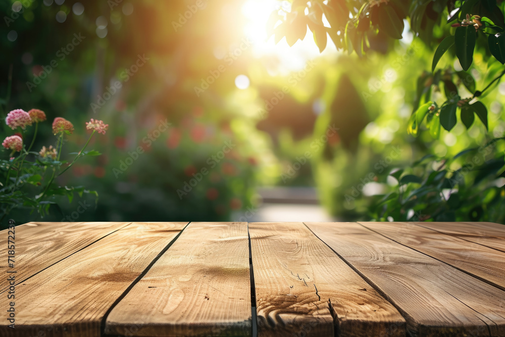 A wooden table with no objects on it and a blurred outdoor garden background. The wooden table provides space for text and can be used for marketing promotions
A wooden table with no objects on it and a blurred outdoor garden background. The wooden table provides space for text and can be used for marketing promotions