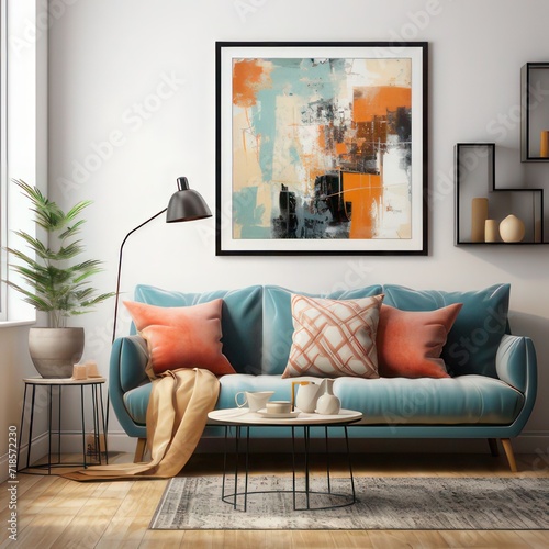 a stock photo of an abstract painting in a frame being displayed in a living room