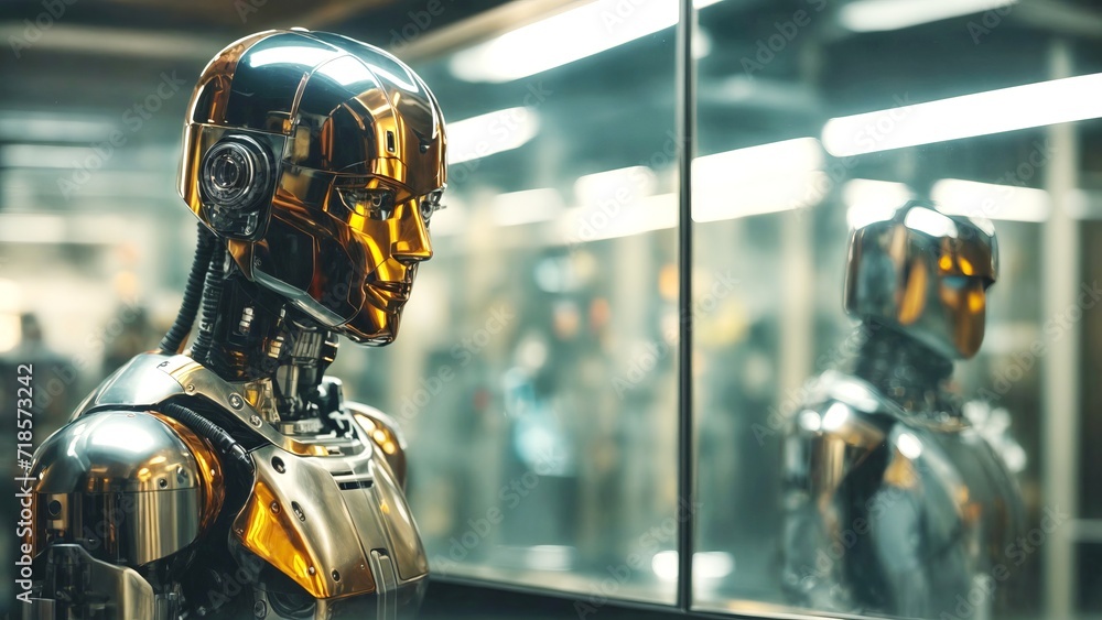 Ai robot, artificial intelligence robot looking at himself reflection through a mirror Ai robot, artificial intelligence robot looking at himself reflection through a mirror