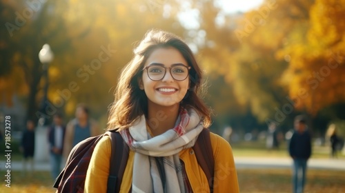 Beautiful Student Indian Girl with Backpack and Glasses in the Park, Autumn. Education Learning 