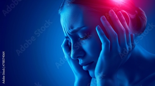 Woman suffering from headache. Depressed and stressed woman because of pain and migraine, touch her his temples, tension problem, vertigo or dizziness
