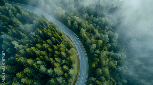 Aerial view of a mountain forest road winding through a beautiful summer landscape, surrounded by lush green trees and a dramatic sky with clouds. © Some