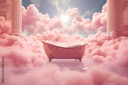 Creative: bathtub in the clouds, overflowing foam in the bathtub turns into clouds, clouds in the sky and bathtub, bathroom advertising, bathtub advertising, home store wallpaper