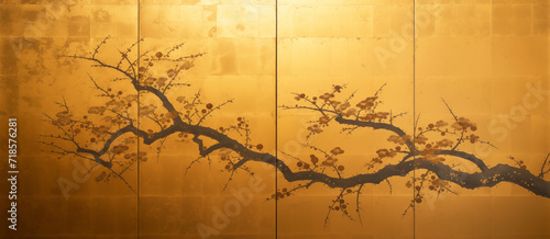 Japanese Ukiyo-e four panel gold leaf Byobu of a gnarly plumb branch