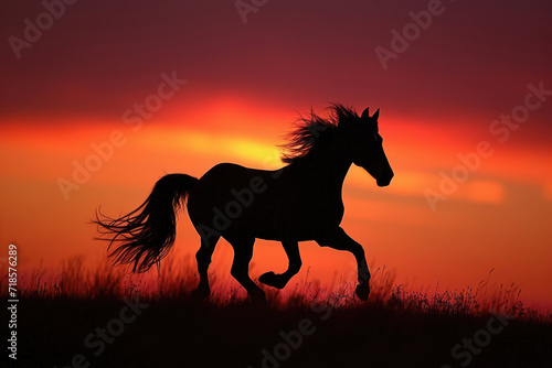 The dynamic movement of a horse galloping freely in the splendor of a vibrant sunset