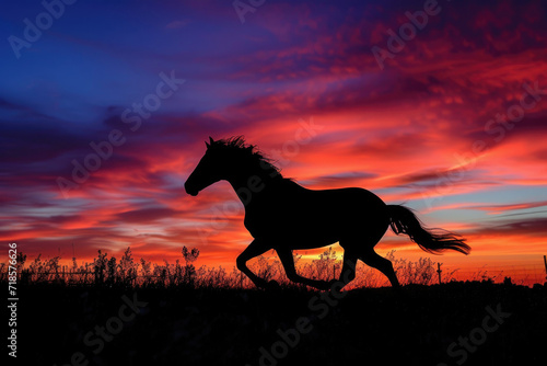 The dynamic movement of a horse galloping freely in the splendor of a vibrant sunset