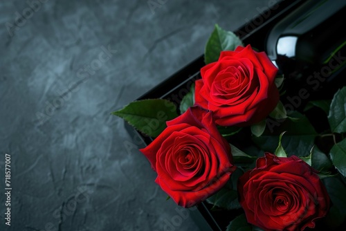 Valentines day roses with a wine bottle and box of chocolates, in the style of dark compositions
