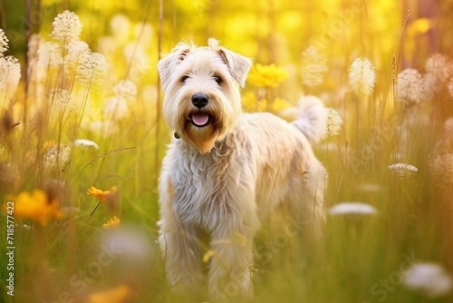 Soft coated wheaten terrier dog standing in meadow field surrounded by vibrant wildflowers and grass on sunny day ai generated