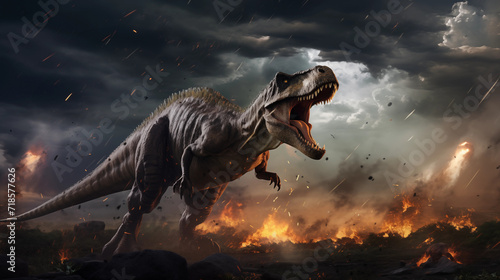 Tyrannosaurus rex running across a hellscape as fire reigns down from the sky due to an asteroid impact © Lithographica