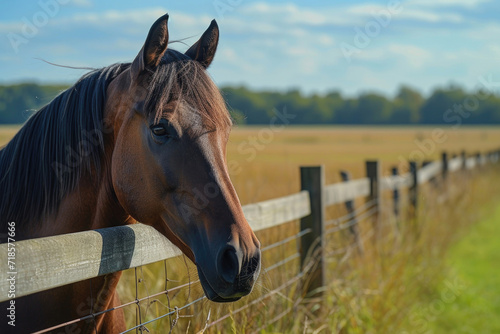 A serene scene featuring a horse in a picturesque pastoral setting