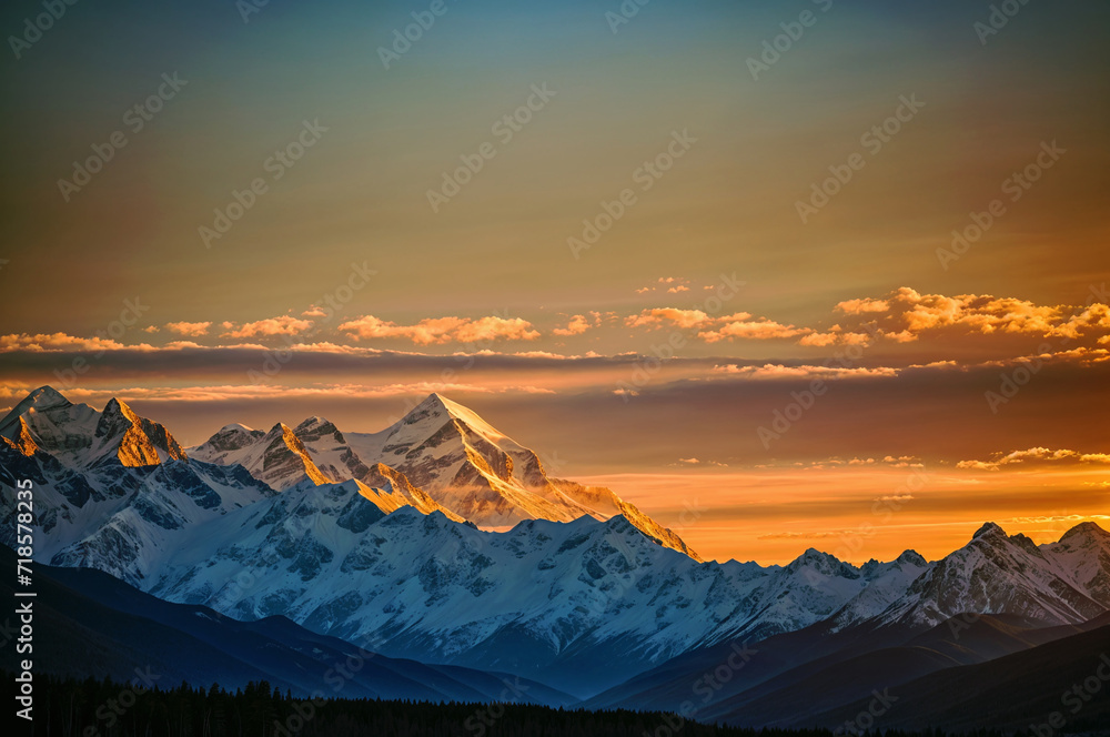 The sunrise makes the snow-covered mountain peaks glow in golden light against an orange sky