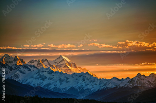 The sunrise makes the snow-covered mountain peaks glow in golden light against an orange sky