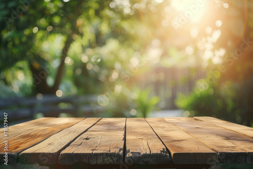 Empty wooden table across, summer time in backyard garden with grill BBQ, blurred background, shallow depth of field