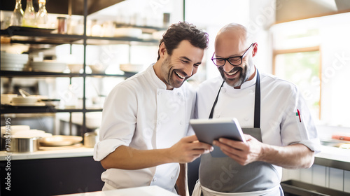 Fototapeta Naklejka Na Ścianę i Meble -  Two Professional Chefs Sharing a Joyful Moment While Reviewing a Recipe on a Tablet in a Commercial Kitchen, Culinary Collaboration Concept