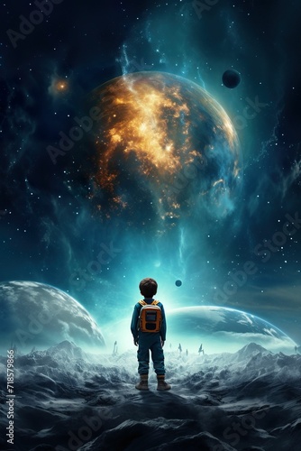 Sci-fi style rear view of a boy standing on an alien planet looking at the outer space (vertical view), rear view of a child standing in a future city looking at the alien space