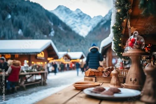 Small town market in the snow-covered Alps, Christmas market in the European Alps, Winter European town market