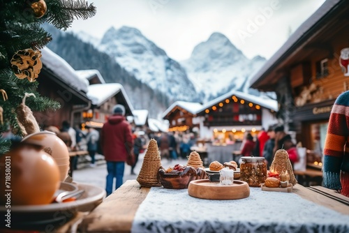 Small town market in the snow-covered Alps  Christmas market in the European Alps  Winter European town market