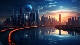 A future city model full of imagination at night, a sci-fi style alien planet city, a future city with water transportation