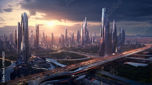 A future city model full of imagination at night  a sci-fi style alien planet city  a future city with water transportation