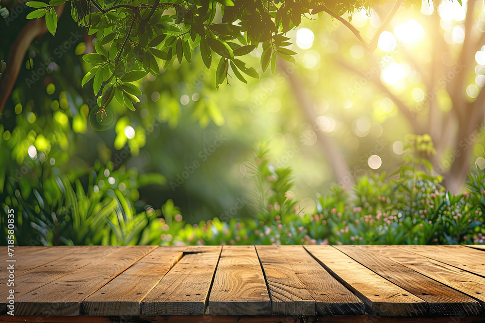 Empty wooden table top in a blurred green garden background Empty wooden table top in a blurred green garden background