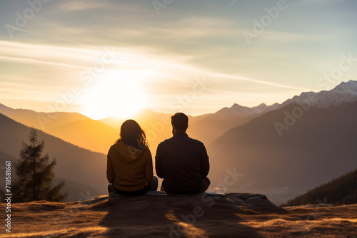 Back View of a Couple Wrapped in a Blanket Enjoying a Majestic Mountain Sunset, Serene Relationship Goals Concept