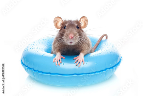 Rat in an inner tube, isolated on white background