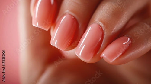 Beautiful female hands with pink nail design. Nail polish manicure.