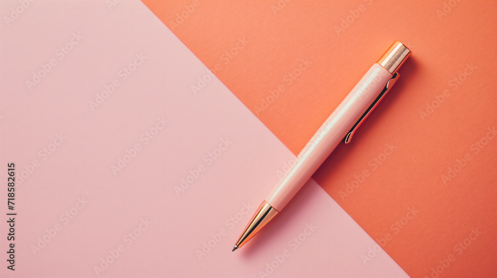 Orange pen on a pink background. Top view. Copy space. Orange pen on a pink background. Top view. Copy space.