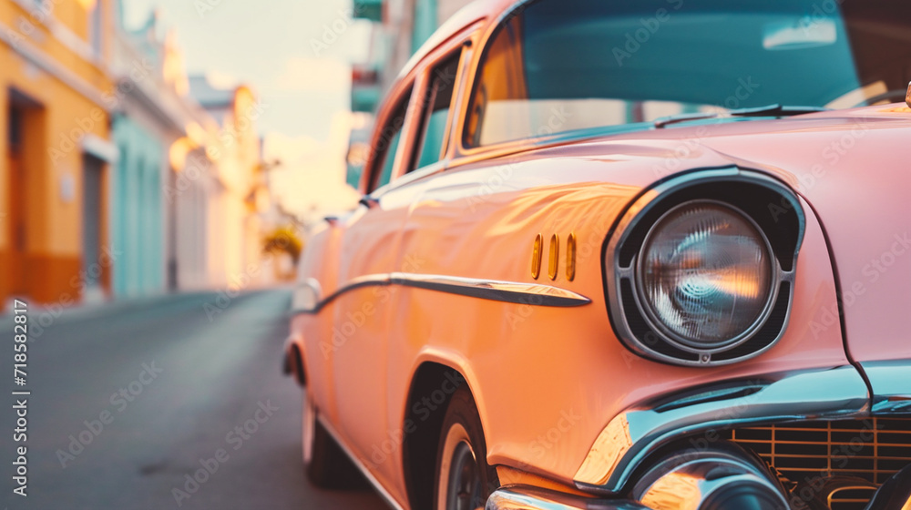 Vintage car on the road in old town, vintage color tone