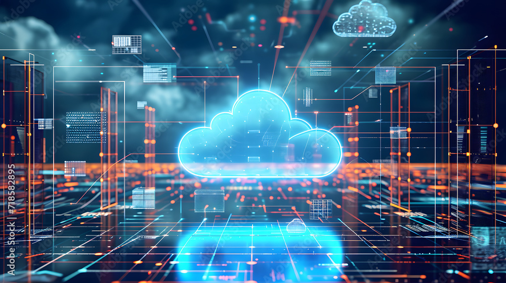 Cloud computing concept background. Digital data processing in the virtual cloud abstract background. Glowing digital cloud with pixels, lines, connectivity, and data flow in the virtual world. 