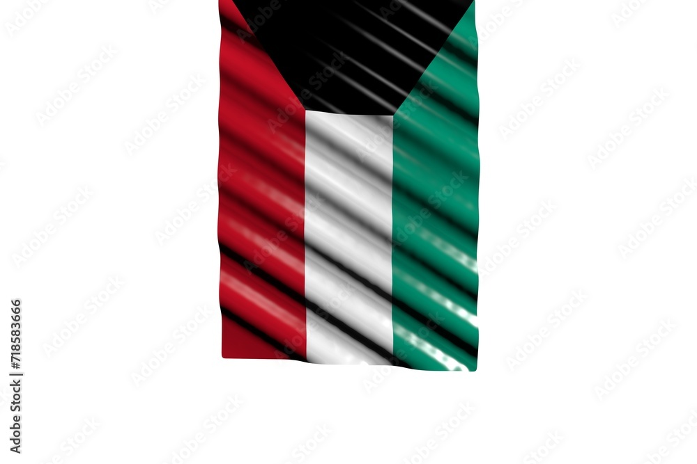 Naklejka premium pretty shiny flag of Kuwait with big folds hanging from top isolated on white - any holiday flag 3d illustration..