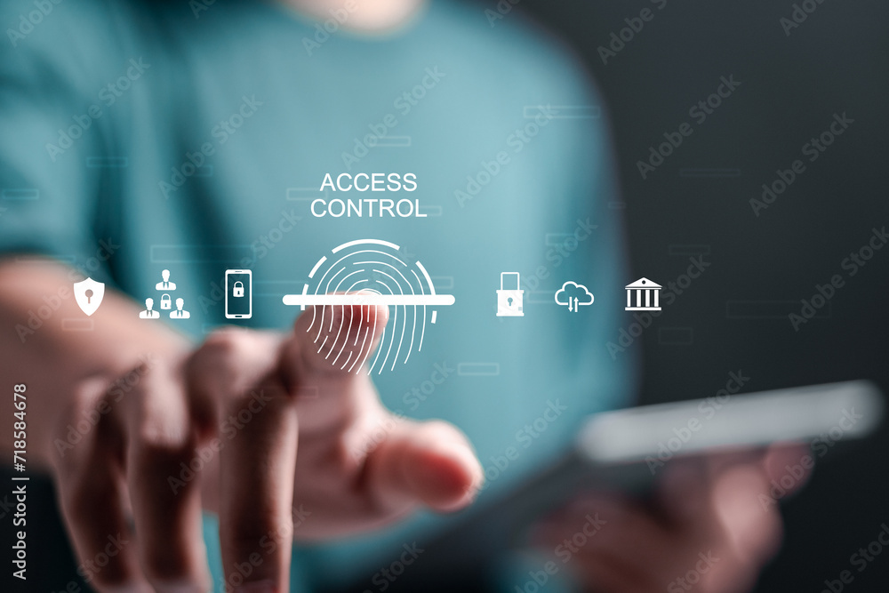 Fototapeta premium Biometric cyber security system. Businessman touch virtual access control icon. Access security personal financial data on scan fingerprint identification, Cybersecurity and privacy to protect data.