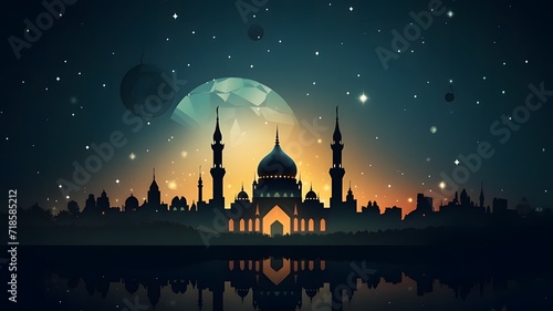 Modern mosque silhouette with vibrant lights, stars and crescent moon, perfect background for illustrating ramadan or ied celebration