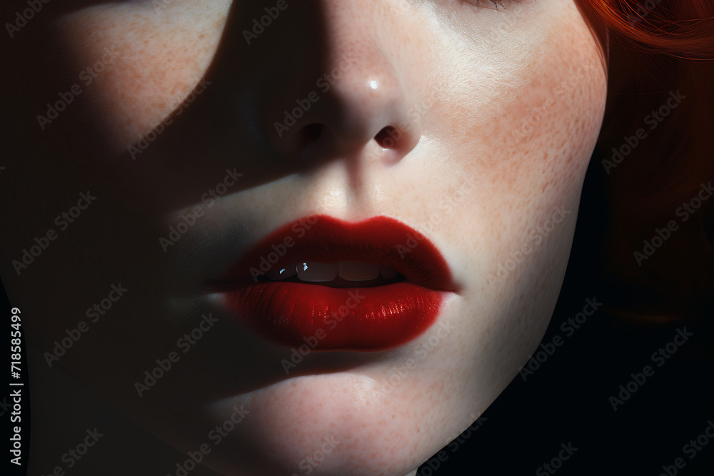 Obraz premium Close-Up of Woman's Red Lips with Softly Textured Skin. Beauty and Makeup Concept